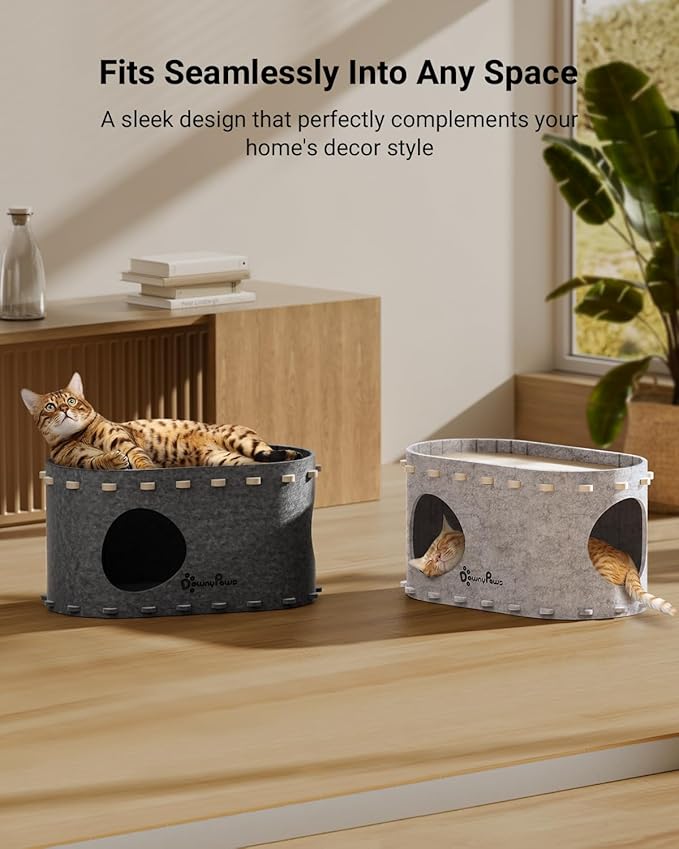 DownyPaws Cat House for Indoor Cats, Cat Bed Cave for Multiple &amp; Large Cats Up to 22 Lbs, Scratch Resistant Peekaboo Cat Caves, Foldable Tunnel Enclosed Bed, PeekaPurr, Sesame Gray