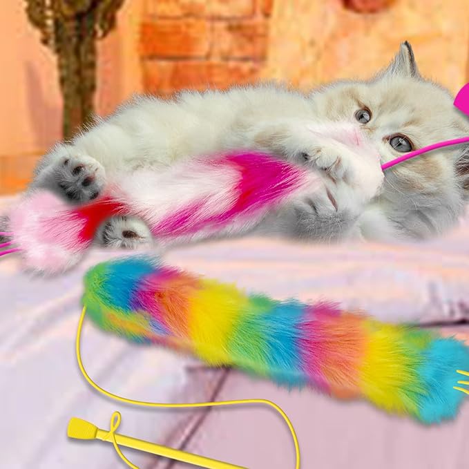 2 Pack Cat Wand Toy, Rainbow Cat Feather Toys with Bells, Teaser Wand with Soft Furry Tail, Interactive Toys for Indoor Cats &amp; Kitten &amp; Kitty