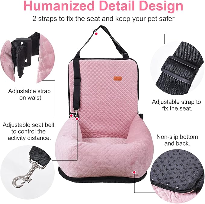 Dog Car Seat for Small Medium Dogs Up to 40lbs, Detachable Washable Soft Pet Booster Travel Bed for Front &amp; Pink Seat with Safety Leash Belt