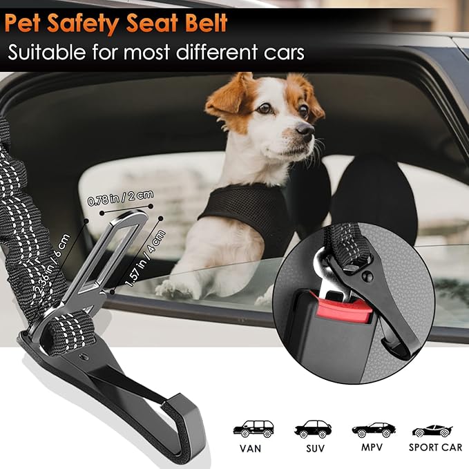 SlowTon Dog Seat Belt, Adjustable Dog Safety Belt Leash, 2 in 1 Latch Bar Attachment Dog Car Seatbelt with Elastic Nylon Bungee Buffer, Reflective Nylon Belt Tether Connect to Dog Harness (Black)