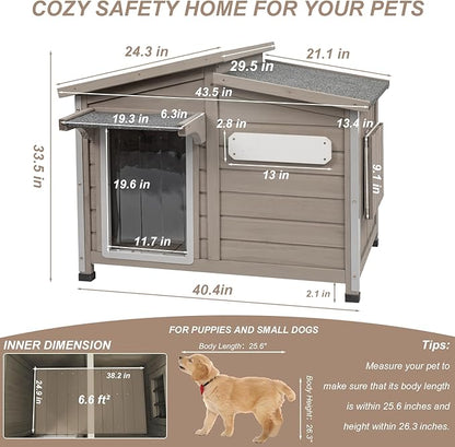 43" L Outdoor Extra Large Dog House with Removable Floor, Raised Feet, Anti-Chewing Iron Frame – Wooden Kennel with Asphalt Roof, Window for Indoor/Outdoor Use, Ideal for Medium to Large Dogs
