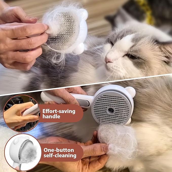 Cat Steam Brush with 2 Spray Levels &amp; Release Button, 4-in-1 IPX7 Waterproof Water Brush for Shedding Grooming, Pet Hair Removal Comb for Long Short Haired Cats Dogs, Self Cleaning Slicker