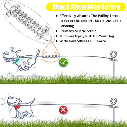 Jenico Dog Tie Out Cable - 10/15/20/30/40/50/70/100/150FT Runner Cable with Swivel Hook and Shock Spring, Outdoor and Camping Dog Leash Run Tether for Small to Medium Pets Up to 500 LBS