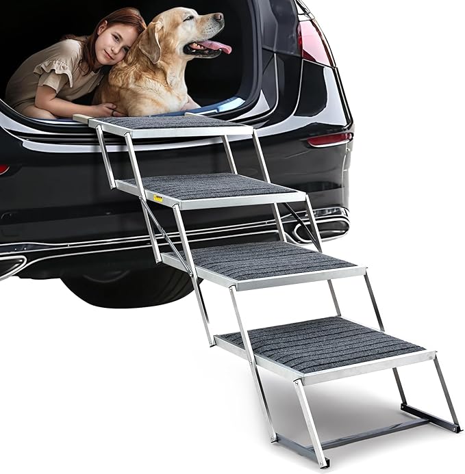 20" Extra Wide Dog Ramp, 4-Step Foldable Pet Stairs with Non-Slip Carpet - Lightweight Aluminum for SUV/Truck/Car &amp; High Beds - Supports Large Dogs up to 200Lbs