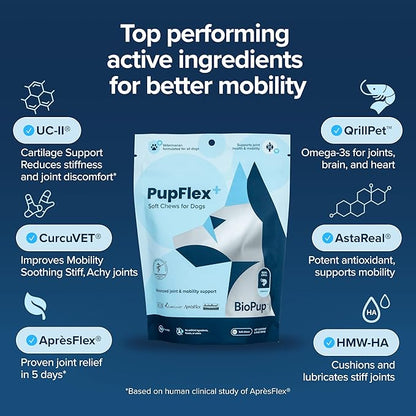 PupFlex+ Hip and Joint Supplement Dogs, Vet Created Soft Chews with UC-II® Collagen for Dogs, CurcuVET® &amp; Omega 3, Proven More Effective Than Glucosamine Chondroitin, Dog Joint Supplement (60 ct)