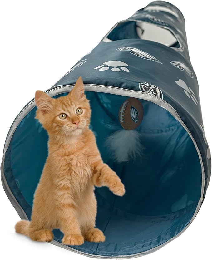 NFL Philadelphia Eagles Cat Tunnel Tube Toy with Plush Football Catnip and Feathers Collapsible Tunnel for Cats to Play, Peek and Hide, Sporty &amp; Fun Cat Tunnel Toy with Team Logo All-Over Design!