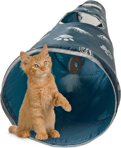 NFL Philadelphia Eagles Cat Tunnel Tube Toy with Plush Football Catnip and Feathers Collapsible Tunnel for Cats to Play, Peek and Hide, Sporty &amp; Fun Cat Tunnel Toy with Team Logo All-Over Design!