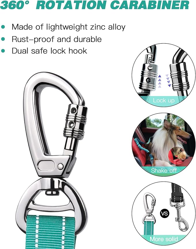 AUBELL Dog Seat Belt for Car,Updated 3-in-1 Adjustable Reflective Bungee Heavy Duty Dog Car Harness Tether with Clip Hook Latch &amp; Buckle,Swivel Zinc Alloy Carabiner,Teal