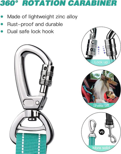 AUBELL Dog Seat Belt for Car,2 Pack Set 3-in-1 Adjustable Reflective Bungee Heavy Duty Dog Car Harness Tether with Clip Hook Latch &amp; Buckle,Swivel Zinc Alloy Carabiner,Black+Teal