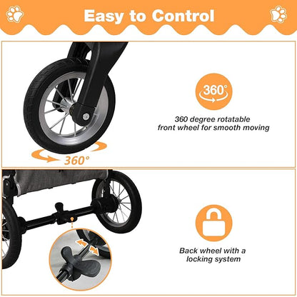 4 Wheel Pet Stroller with Storage Basket - Foldable &amp; Breathable with Mesh Skylight, Large Dog Stroller with Adjustable Handle - Ideal for Travel and Walking with Medium to Large Dogs, Up to 120 lbs