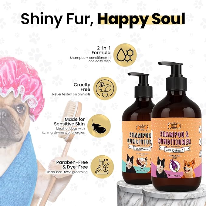 POM Pets 2 Pack 2-in-1 Organic Dog Shampoo &amp; Conditioner – Itchy Skin Relief, Dog Deshedding, Detangles Fur, Cat Shampoo, Paw Cleaner for Dogs, Natural Coat Defense Formula