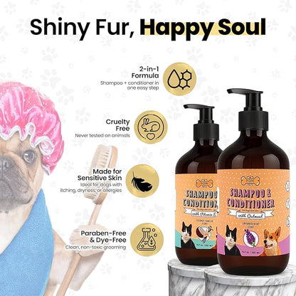 POM Pets 2 Pack 2-in-1 Organic Dog Shampoo &amp; Conditioner – Itchy Skin Relief, Dog Deshedding, Detangles Fur, Cat Shampoo, Paw Cleaner for Dogs, Natural Coat Defense Formula