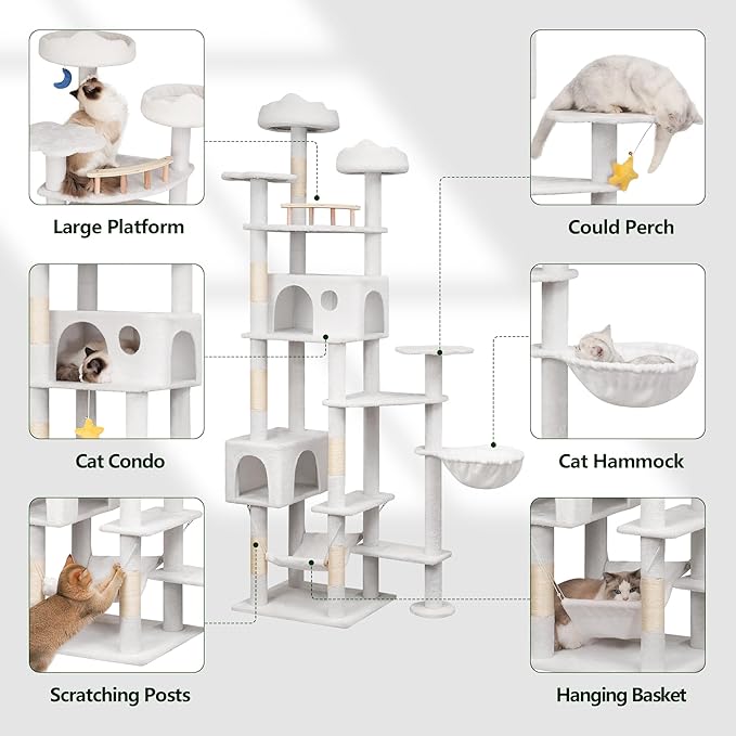85in Tall Cat Tower for Heavy Duty Big Cats, Large Cat Tree with Scratching Post, Plush Perches, Cozy Cat Condos &amp; Hanging Hammocks for Maine Coon, White