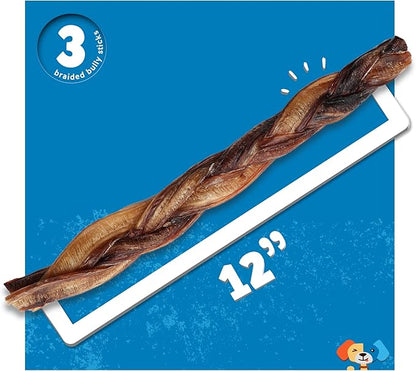 Jack&amp;Pup 12" Braided Bully Sticks (3 Pack) Long Lasting Thick Bully Sticks for Large Dogs and Aggressive Chewers, Single Ingredient Dog Chews
