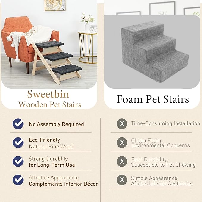 Wood Pet Stairs/Pet Steps for All Dogs and Cats - 2-in-1 Foldable Carpeted 3 Tiers Dog Stairs &amp; Ramp Perfect for Beds and Cars - Portable Dog/Cat Ladder Up to 120 Pounds