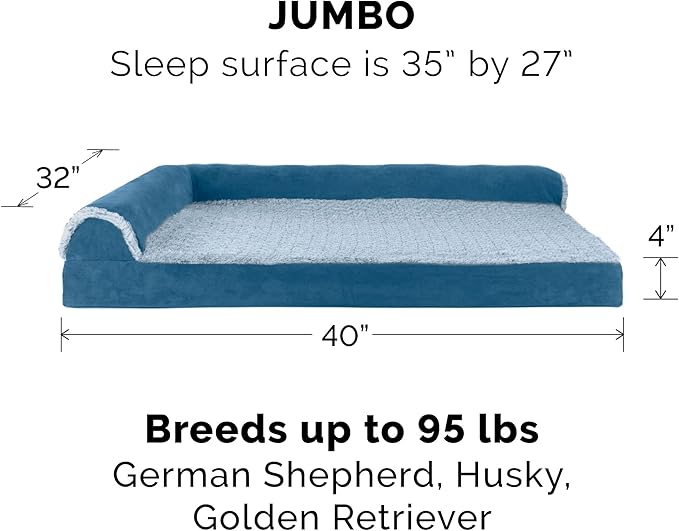 Furhaven Cooling Gel Dog Bed for Large Dogs w/ Removable Bolsters &amp; Washable Cover, For Dogs Up to 95 lbs - Two-Tone Plush Faux Fur &amp; Suede L Shaped Chaise - Marine Blue, Jumbo/XL