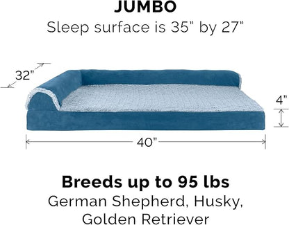 Furhaven Cooling Gel Dog Bed for Large Dogs w/ Removable Bolsters &amp; Washable Cover, For Dogs Up to 95 lbs - Two-Tone Plush Faux Fur &amp; Suede L Shaped Chaise - Marine Blue, Jumbo/XL