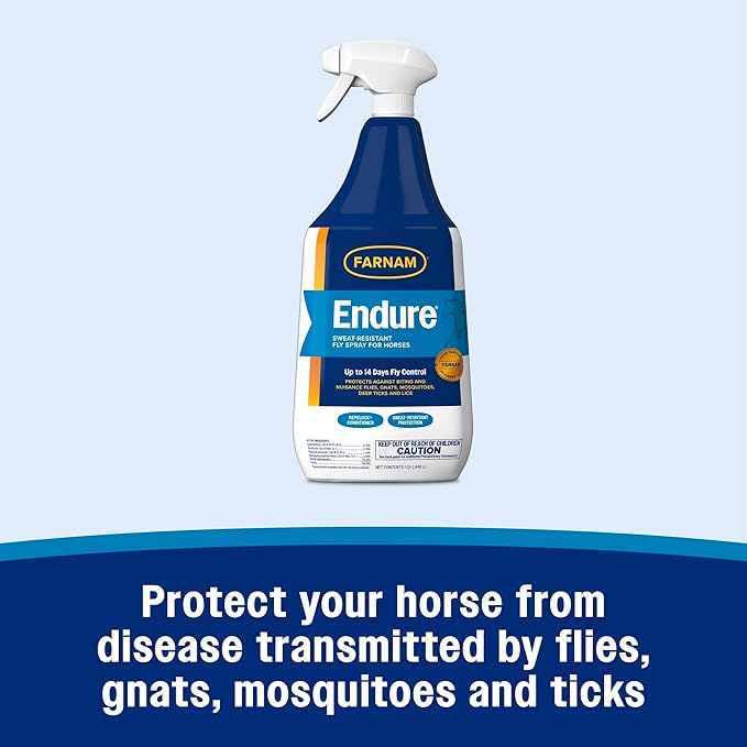 Farnam Endure Sweat-Resistant Fly Spray for Horses, Lasts Up to 14 Days, Protects Against Flies, Gnats, Mosquitoes, Ticks &amp; Lice, 32 oz.