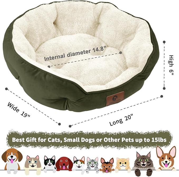 Asvin Small Dog Bed for Small Dogs, Cat Beds for Indoor Cats, Pet Bed for Puppy and Kitty, Extra Soft &amp; Machine Washable with Anti-Slip &amp; Water-Resistant Oxford Bottom, Green, 20 inches