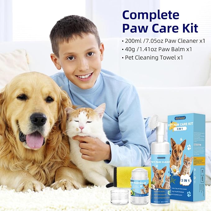 Dog Paw Care Kit,No-Rinse Paw Cleaner for Dogs &amp; Cats,Dog Paw Balm for Heals -Repairs Dry Cracked Paws &amp; Nose with 1 Pet Cleaning Towels,Natural Dog Paw Protector for Pet Foot Washer Care