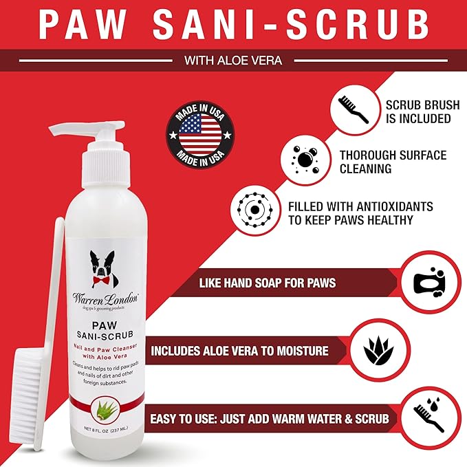 Warren London Paw Scrub – Deep Cleaning Paw &amp; Nail Cleanser with Aloe Vera – Removes Dirt &amp; Grime – Includes Scrub Brush – Made in USA - 8 oz