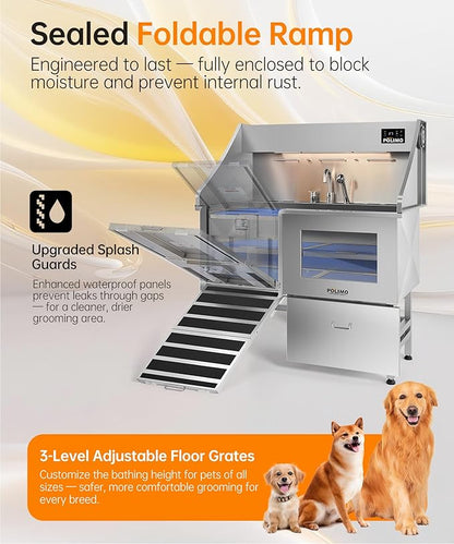 polimo Dog Wash Station with Pet Dryer &amp; LED, Professional Dog Bathing Station for Large, Medium &amp; Small Dogs – with Window, Ramp, Drawer, Floor Grate, LED Display &amp; Faucet (Left RAMP &amp; Dryer, 50")