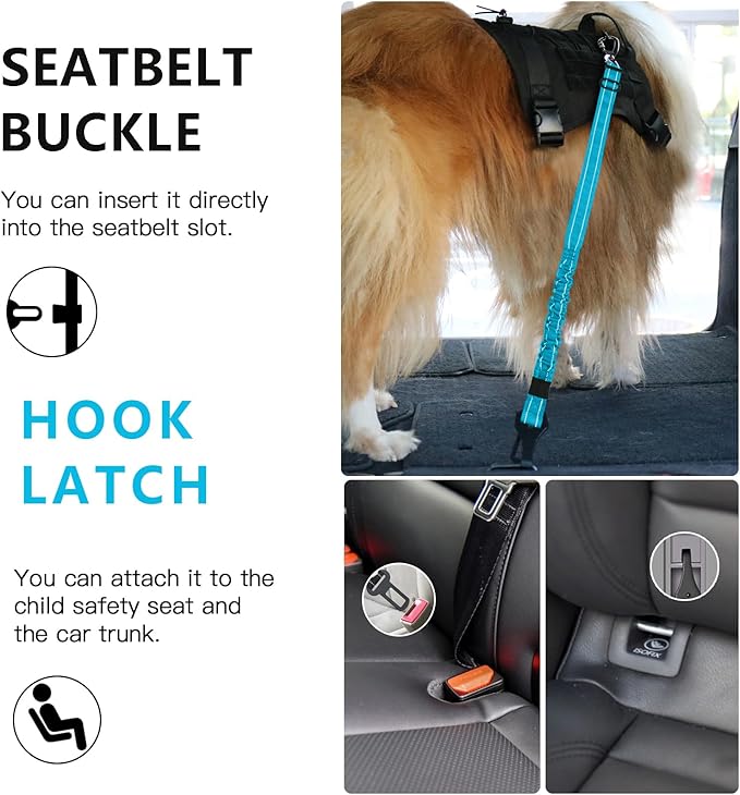 AUBELL Dog Seat Belt for Car,2 Pack Set 3-in-1 Adjustable Reflective Bungee Heavy Duty Dog Car Harness Tether with Clip Hook Latch &amp; Buckle,Swivel Zinc Alloy Carabiner,Black+Blue