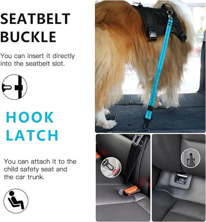 AUBELL Dog Seat Belt for Car,2 Pack Set 3-in-1 Adjustable Reflective Bungee Heavy Duty Dog Car Harness Tether with Clip Hook Latch &amp; Buckle,Swivel Zinc Alloy Carabiner,Black+Blue