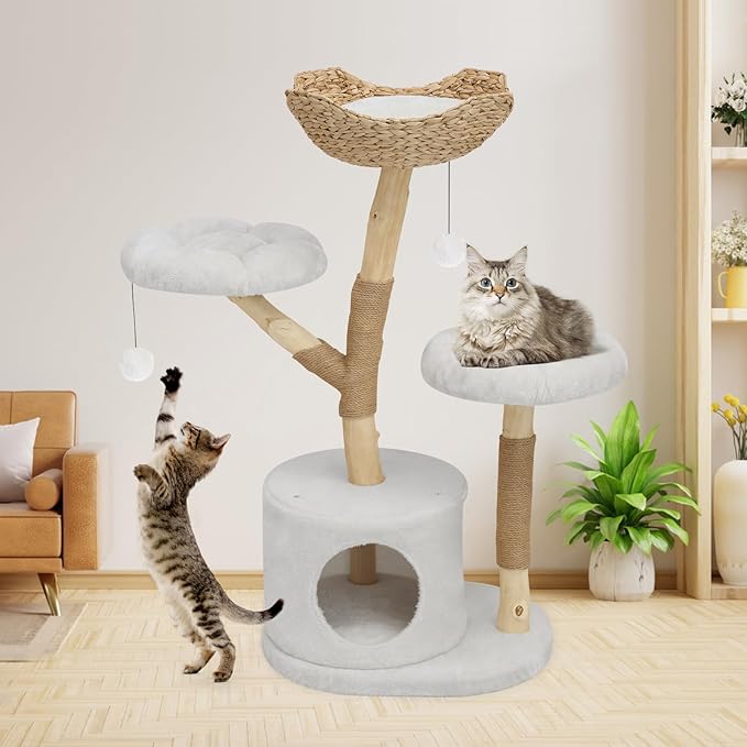Modern Cat Tree Tower, Solid Wood Multi-Level w/ 2 Flower Perches, Scratching Post, Hanging Ball - Luxury Boho Cat Furniture w/Condo &amp; Wicker Basket for Indoor Cats