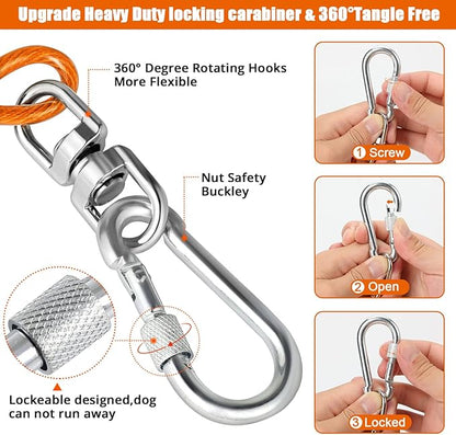 Jenico Dog Tie Out Cable, 10-150FT Runner Cable with Swivel Hook and Shock Spring, Yard &amp; Camping Dog Leash Tether for Small to Medium Pets Up to 500 LBS