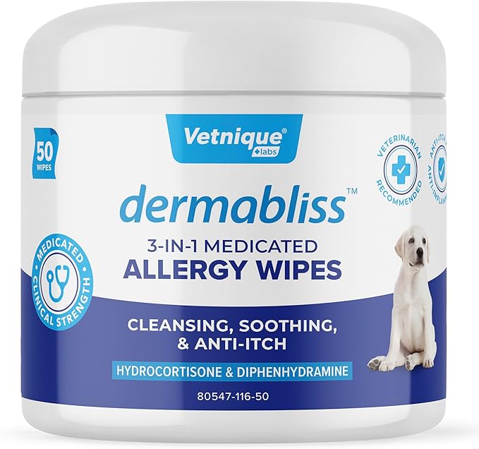 Vetnique Dermabliss 3-in-1 Medicated Dog Wipes - Relief for Itchy Skin, Allergies &amp; Odor Control, Gentle No-Sting Formula, Antihistamine &amp; Hydrocortisone Paw Wipes for Dogs &amp; Cats 50 Count