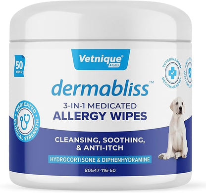 Vetnique Dermabliss 3-in-1 Medicated Dog Wipes - Relief for Itchy Skin, Allergies &amp; Odor Control, Gentle No-Sting Formula, Antihistamine &amp; Hydrocortisone Paw Wipes for Dogs &amp; Cats 50 Count