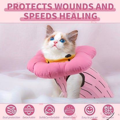 EMUST Cute Cat Recovery Suit &amp; Cone Collar Set - Soft, Adjustable Flower Collar for Female Kittens Under 4lb (Pink, S)