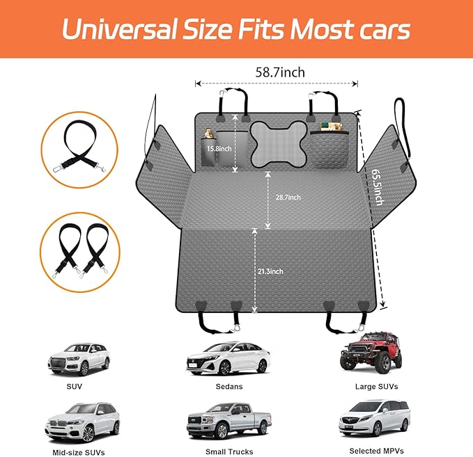 Hard Bottom Dog Car Seat Cover for Back Seat – Waterproof Nonslip Hammock Extender for Trucks &amp; SUVs, Heavy Duty Pet Protector, Gray Oxford Fabric