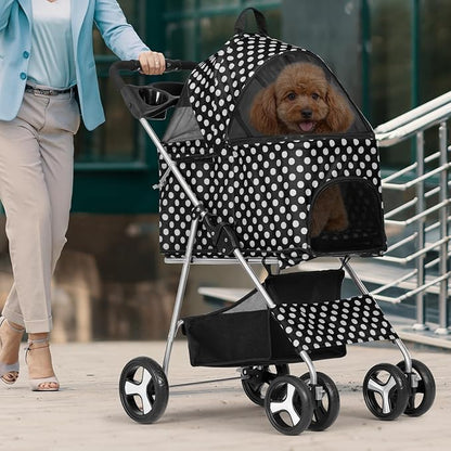 Magshion Foldable Pet Stroller, 3-in-1 Dog Travel Jogger with Detachable Carrier, Cup Holder, Storage Basket, Folding Carrier for Small/Medium Dogs &amp; Cats Up to 33 lbs, Black Polka Dots