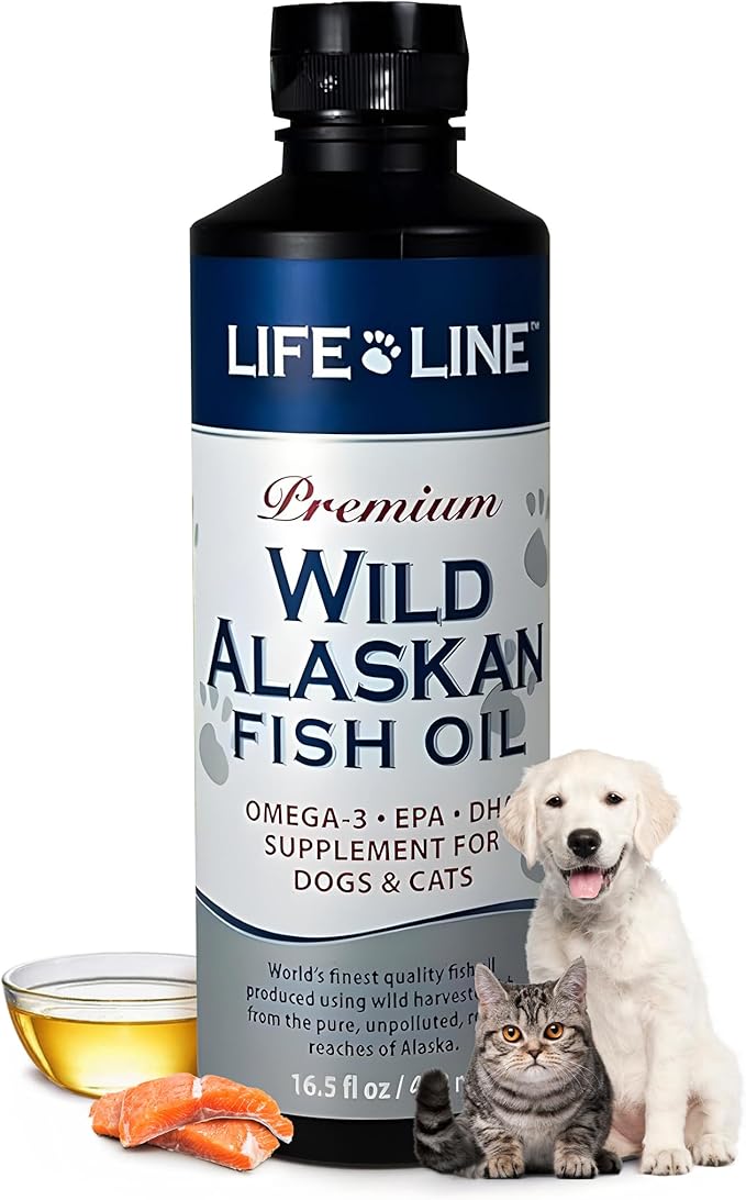 Life Line Pet Nutrition Wild Alaskan Fish Oil Omega-3 Supplement for Skin &amp; Coat – Supports Brain, Eye &amp; Heart Health in Dogs &amp; Cats, 16.5oz