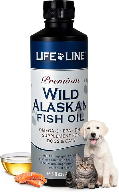 Life Line Pet Nutrition Wild Alaskan Fish Oil Omega-3 Supplement for Skin &amp; Coat – Supports Brain, Eye &amp; Heart Health in Dogs &amp; Cats, 16.5oz