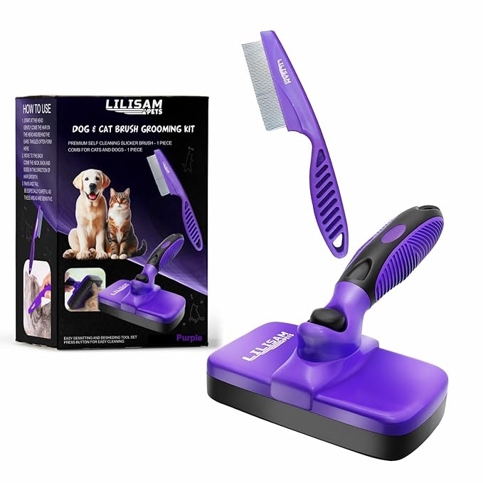 Pet Self Cleaning Slicker Brush and Grooming Comb - Gently Removes Loose Hair, Tangles, and Dirt - Skin Friendly Deshedding Grooming Tool for Hair Dogs &amp; Cats - Pet Supplies Accessories (Purple)