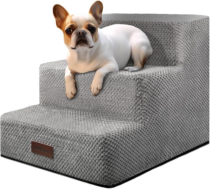 Dog Stairs for Small Dogs &amp; Cats, 3-Step Non-Slip Pet Steps for Couch Sofa and Chair, Grey, 13.6" H