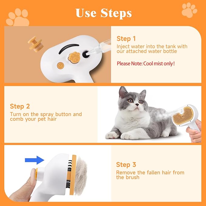 Pet Steam Brush for Dog &amp; Cat – 3-in-1 Spray Hair Removal Comb – Steam for Shedding &amp; Grooming – Water Brush for Long &amp; Short Haired Pets – Spritz Defur Comb