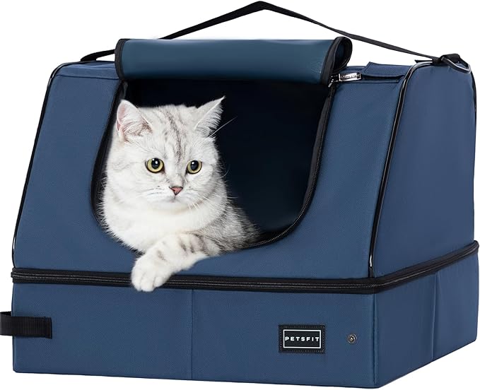 PETSFIT Travel Litter Box for Cats - Removable 2-Layer Leak-Proof Lining, Scratch-Resistant Fabric with Sturdy Support Frame, Cat Collapsible &amp; Travel Litter Box Navy Blue