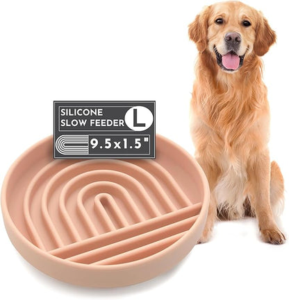 The Slowdown Bowl Silicone Slow Feeder for Dogs &amp; Puppies, Slow Eating, Modern Lick Mat Design, Reduces Gulping, Fits 2.5 Cups 9.5” Across x 1.5” Tall, Mealtime Challenge, Large-Blush