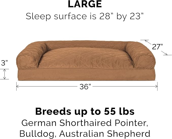 Furhaven Pillow Dog Bed for Large/Medium Dogs w/ Removable Bolsters &amp; Washable Cover - Quilted Sofa - Toasted Brown, Large