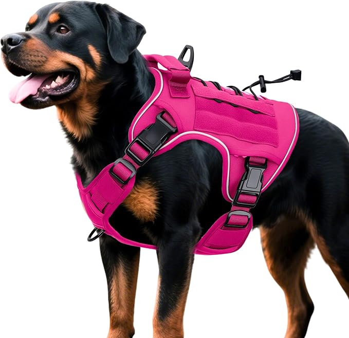 Heavy-Duty Tactical Dog Harness for Large Dogs, No Pull Adjustable Reflective Pet Vest with Molle System, K9 Military-Grade Control for Service Training, Outdoor &amp; 10+ Breeds, Hot Pink, XX-Large