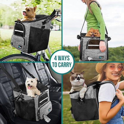 PetAmi Dog Bike Basket, Soft-Sided Ventilated Dog Bike Carrier Backpack, Pet Bicycle Basket for Bike Handlebar, Small Medium Puppy Cat Kitten Car Booster Seat with Safety Strap, Max 18 lbs, Gray