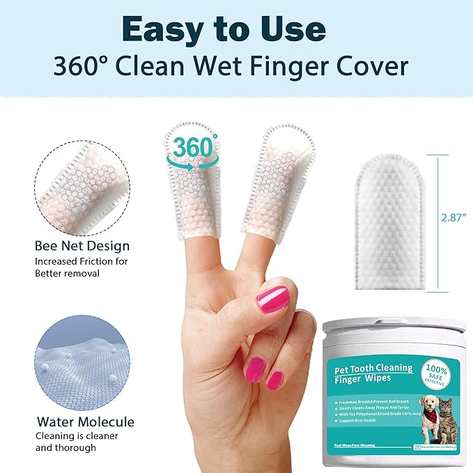 Teeth Cleaning Wipes for Pets 50Pcs ，Dog &amp; Cat Teeth Cleaning Wipes，Pet Teeth Cleaning Finger Mitt Dental Wipe，Pet Teeth Cleaning Finger Wipes，Natural Formula Finger Grooming Wipe for Pets