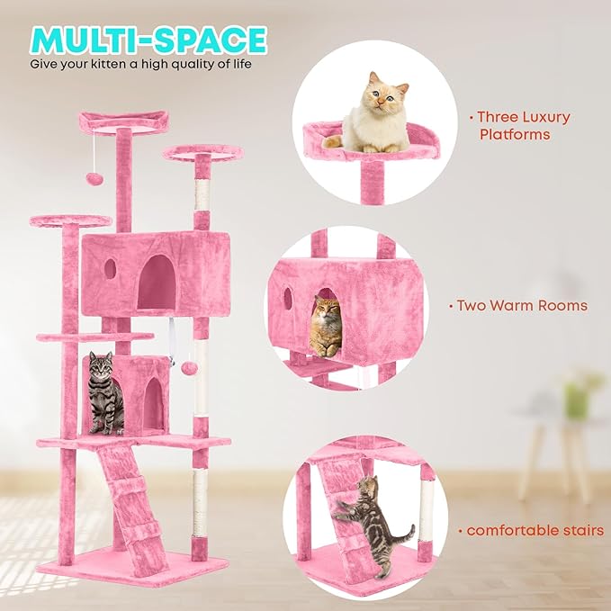 FDW Cat Tree 70in Cat Tower Multi-Level Durable Cat Scratching Post &amp; Cozy Fun Cat Jumping Platform Space Saving Cat Condo Pet Play House for Indoor Cats,Pink