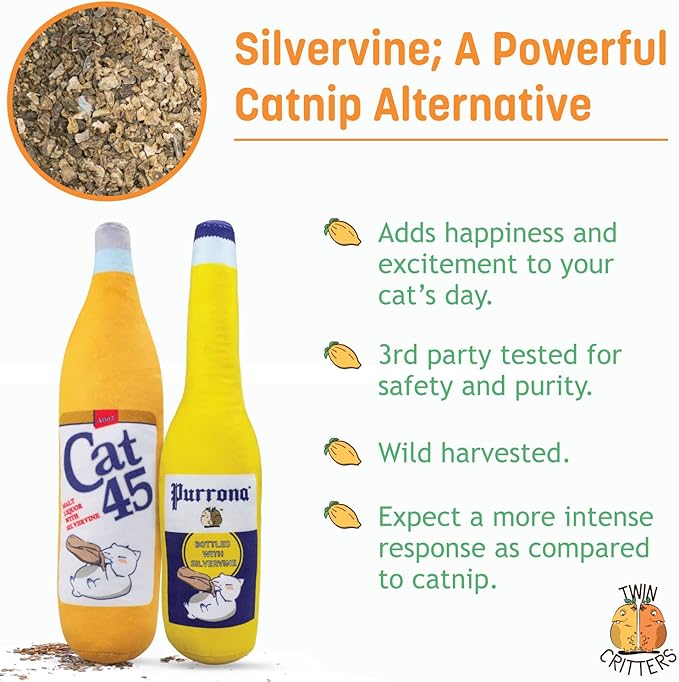 KittiForti 2-Pack Organic Silvervine Catnip Substitute Toys for Cats &amp; Kittens | 100% All-Natural Wild Harvested Silvervine | 2 Refillable Beer Bottle Kicker Cat Toys