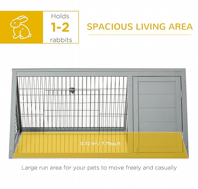 PawHut 46" x 24" Wooden A-Frame Outdoor Rabbit Hutch, Small Animal Cage, Bunny Hutch with Outside Run &amp; Ventilating Wire, Gray