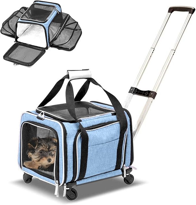 Airline Approved Expandable Premium Pet Carrier on Wheels- Two Sided Expandable Rolling Carrier- Designed for Dogs &amp; Cats- Extra Spacious Soft Lined Carrier! - Light Blue